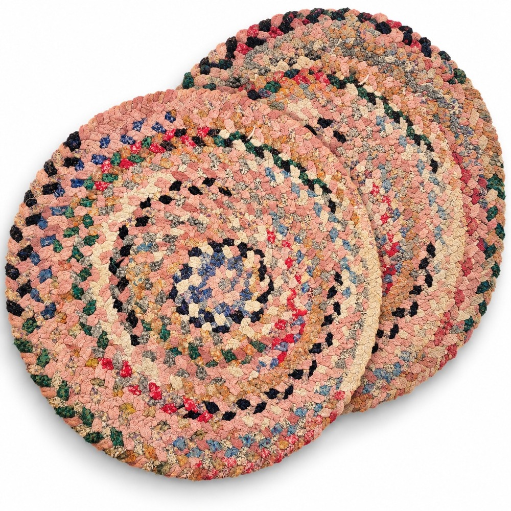 Hamdmade Braided Chair Pads Hot Pads 14in Pink Navy Multi Round Rag Rug Set of 2